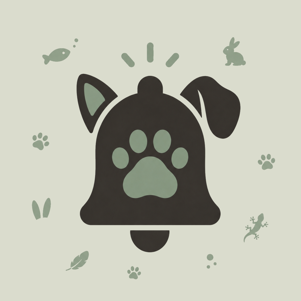 CritterCue app icon: a reminder bell with a paw print, surrounded by a fish, rabbit, gecko, and paw prints